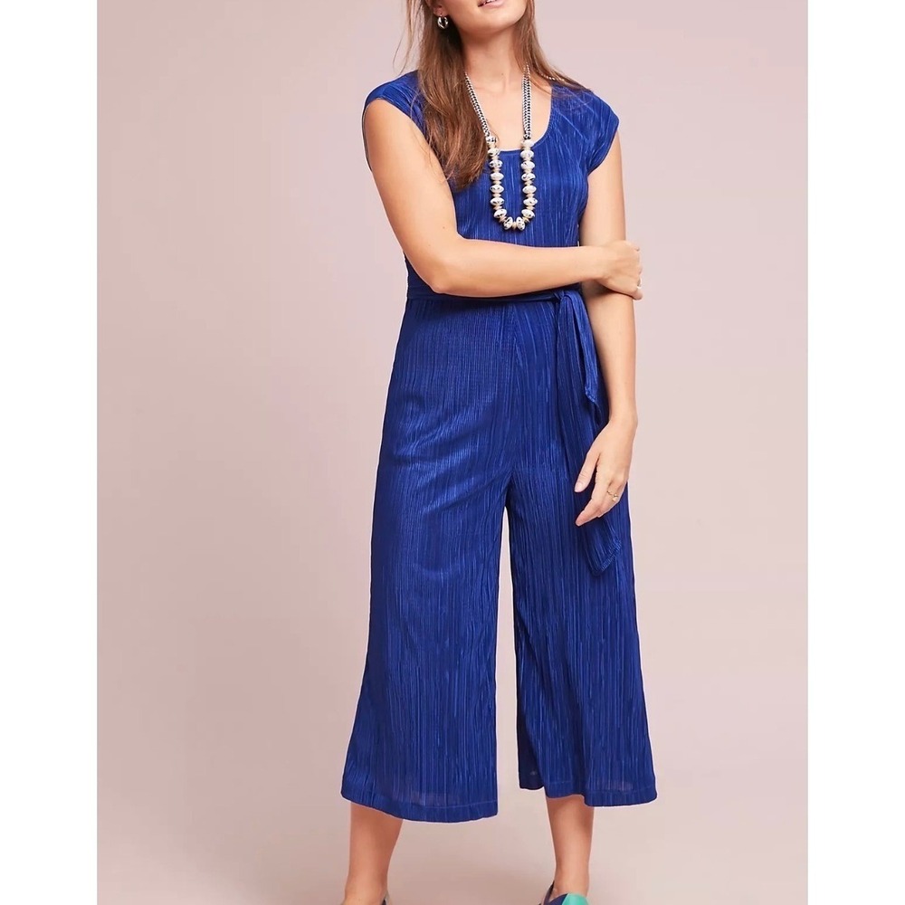 Maeve Anthropologie Blue Pleated‎ Wide Leg Jumpsuit Cropped 2 boho whimsi resort